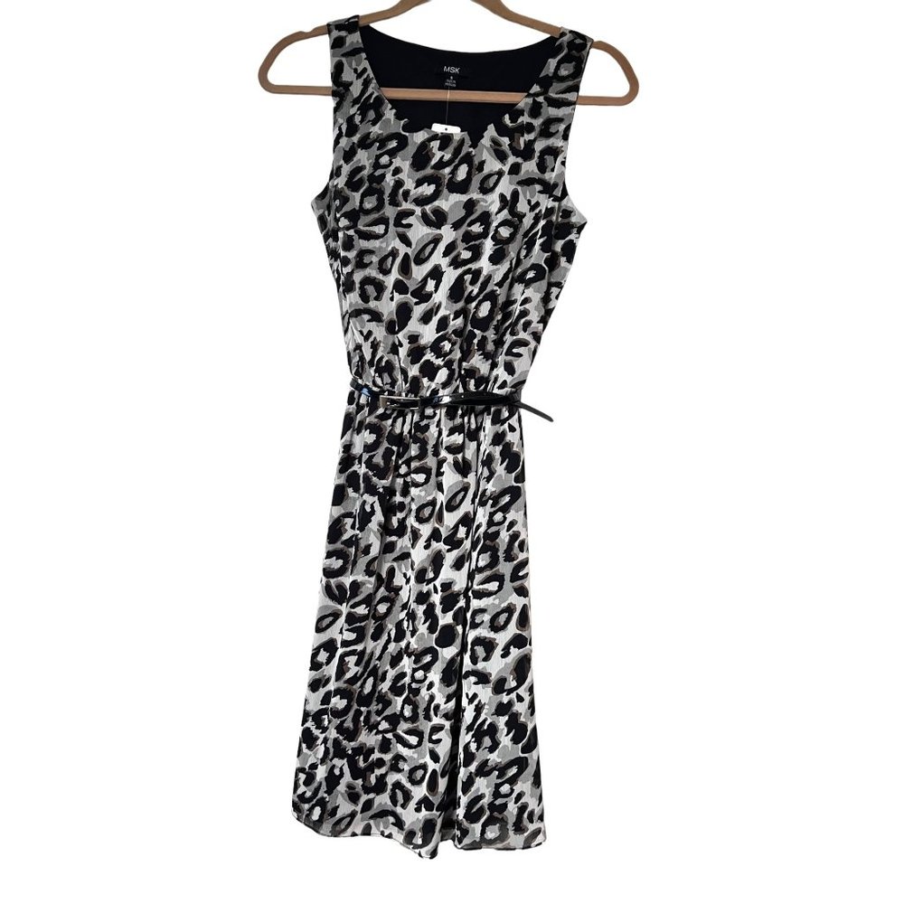 NWT MSK Animal Print Fit & Flare Sheer Dress Belted Sleeveless Belted Career